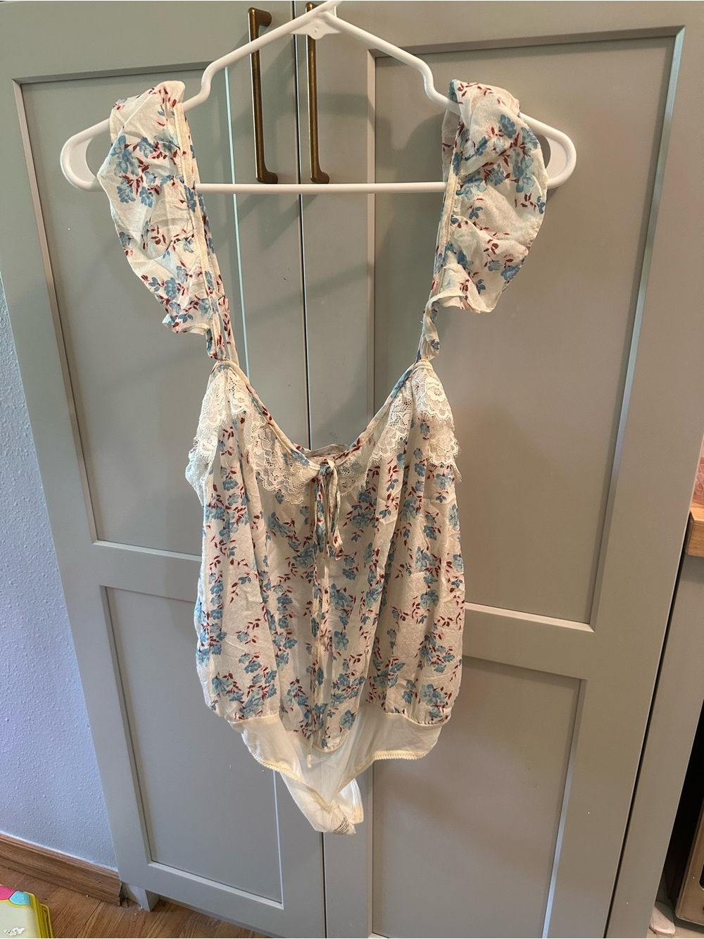 Free people Floral Lace-Trim Romper Bodysuit in Cream & Blue size large